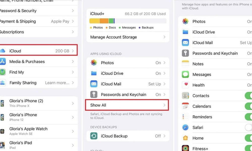 انتخاب و همگام‌سازی سرویس ها iCloud 